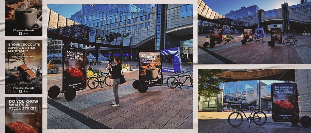 Collage de varias imágenes en las que se ven los carteles de la acción y las bicicletas rodeando el Parlamento Europeo