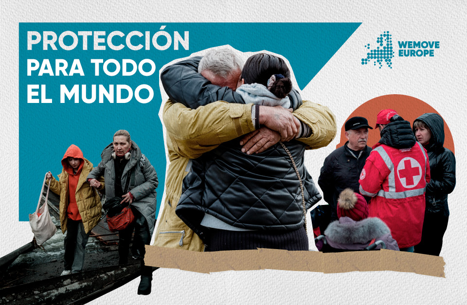 Collage de varias imágenes de rescates de personas refugiadas con el lema Protección para todo el mundo
