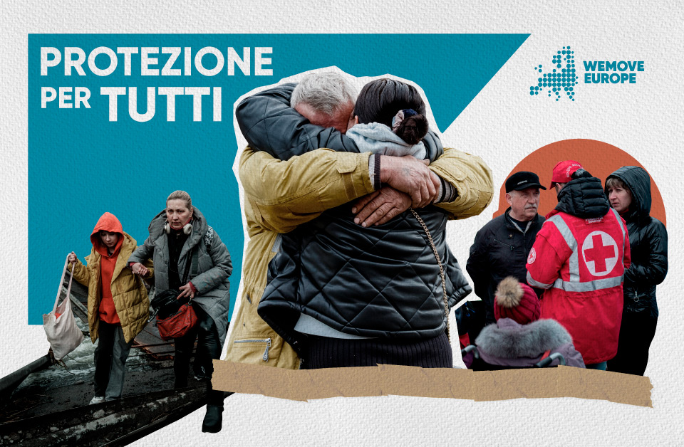Top left corner text:Protection for all, top right corner: WeMove logo, bottom centre: two people embracing, bottom left: two people hold hands walking, bottom right: medical personel in red jacket.