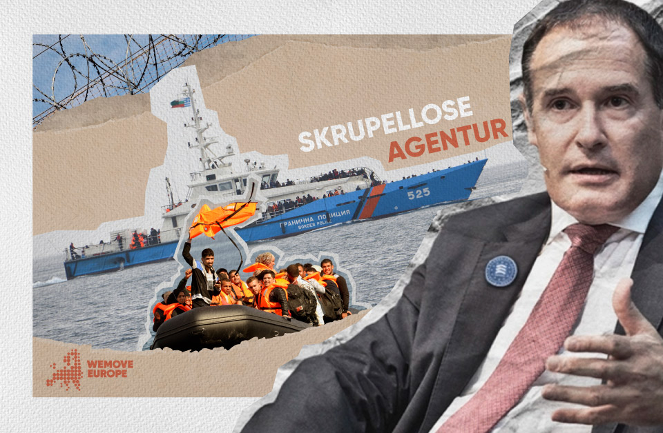 Collage von Photos mit Frontex-Chef Leggeri, einem Frontex-Schiff und Flüchtenden auf einem Schlauchboot