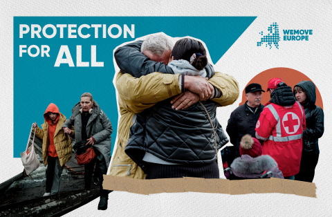 Top left corner text:Protection for all, top right corner: WeMove logo, bottom centre: two people embracing, bottom left: two people hold hands walking, bottom right: medical personel in red jacket.